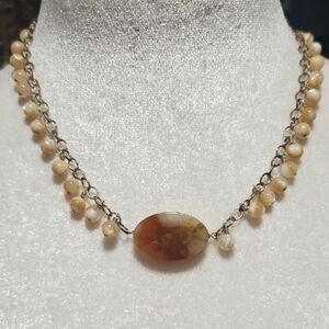 Estate Cream and Brown Beaded Necklace with Agate Pendant